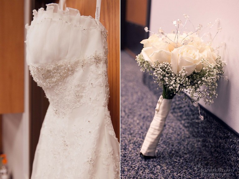 David's Bridal dress white rose wedding bouquets