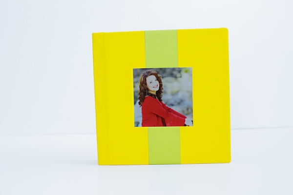 high school senior 10x10 size custom design yellow album with metal picture in Dallas Texas.